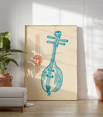 Blue illustration of a Chinese lute (pipa) musical instrument with red cultural seal on a light beige background. Chinese Lute Music Poster. - Image 3