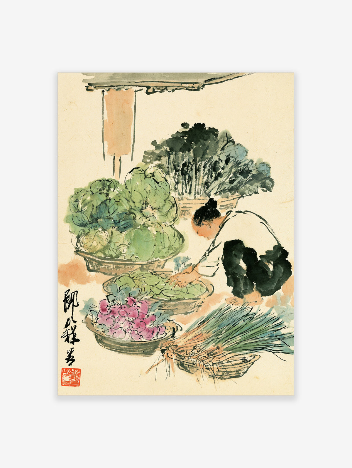 Chinese ink wash poster of a crouching vegetable seller with baskets of greens, radishes, and leeks