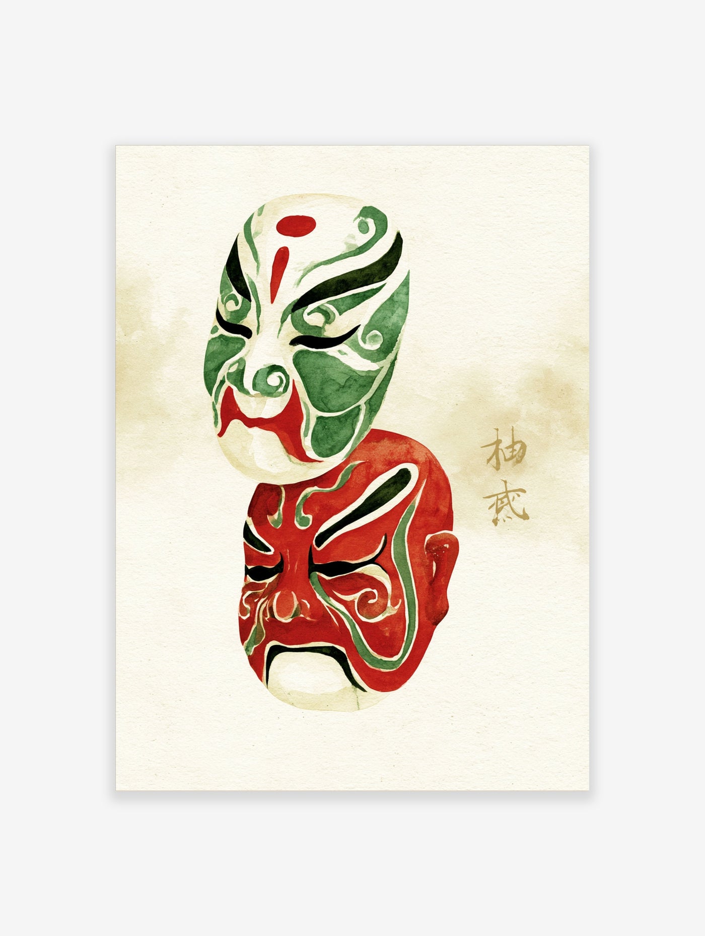 Traditional Chinese opera masks in green and red with calligraphy, illustrative style art print on textured background