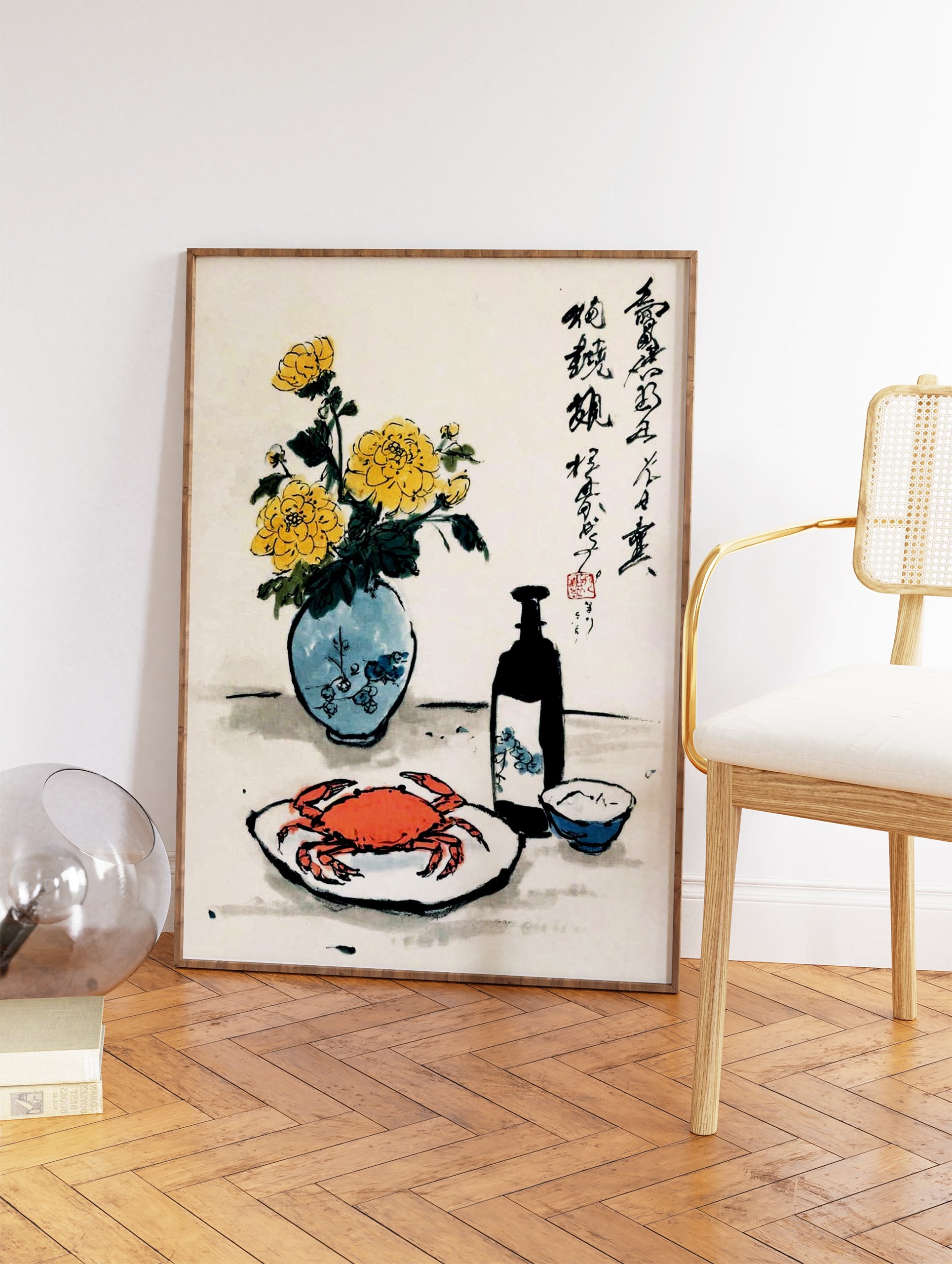 Traditional Chinese Still Life Art print with a red crab, yellow chrysanthemums in a vase, wine bottle, and cup. - Image 2