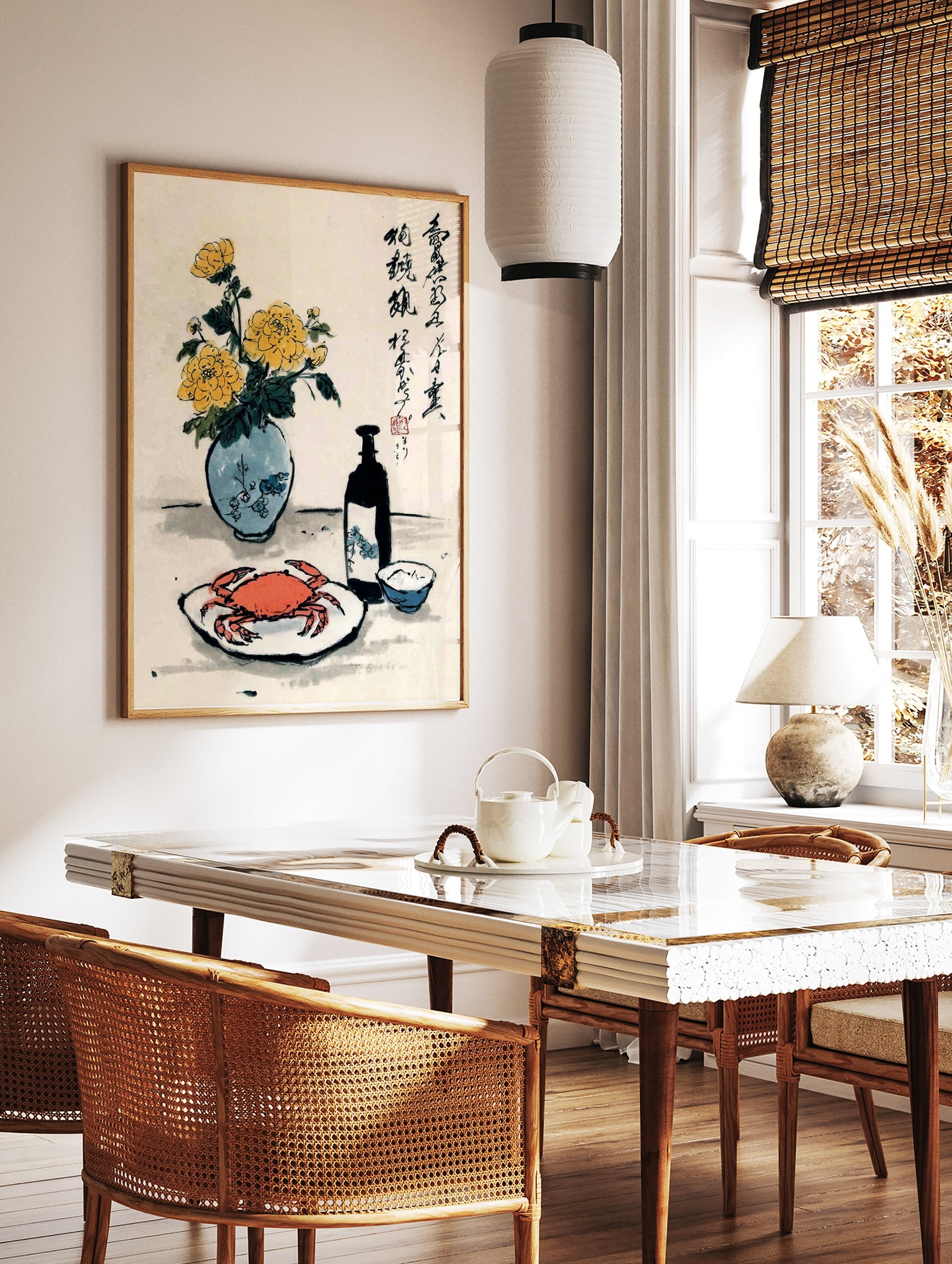 Traditional Chinese Still Life Art print with a red crab, yellow chrysanthemums in a vase, wine bottle, and cup. - Image 3