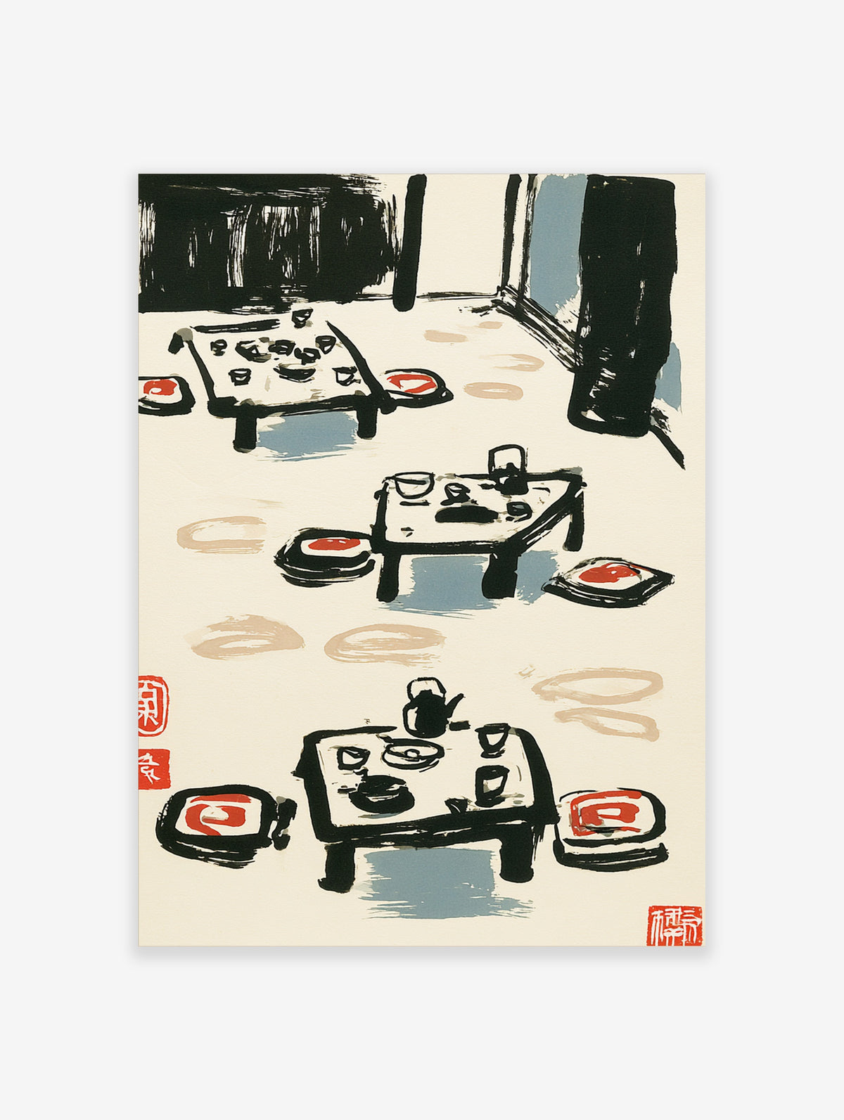 Chinese tea ceremony ink brush print with three tea tables, teapots, cups, and red seals on cream