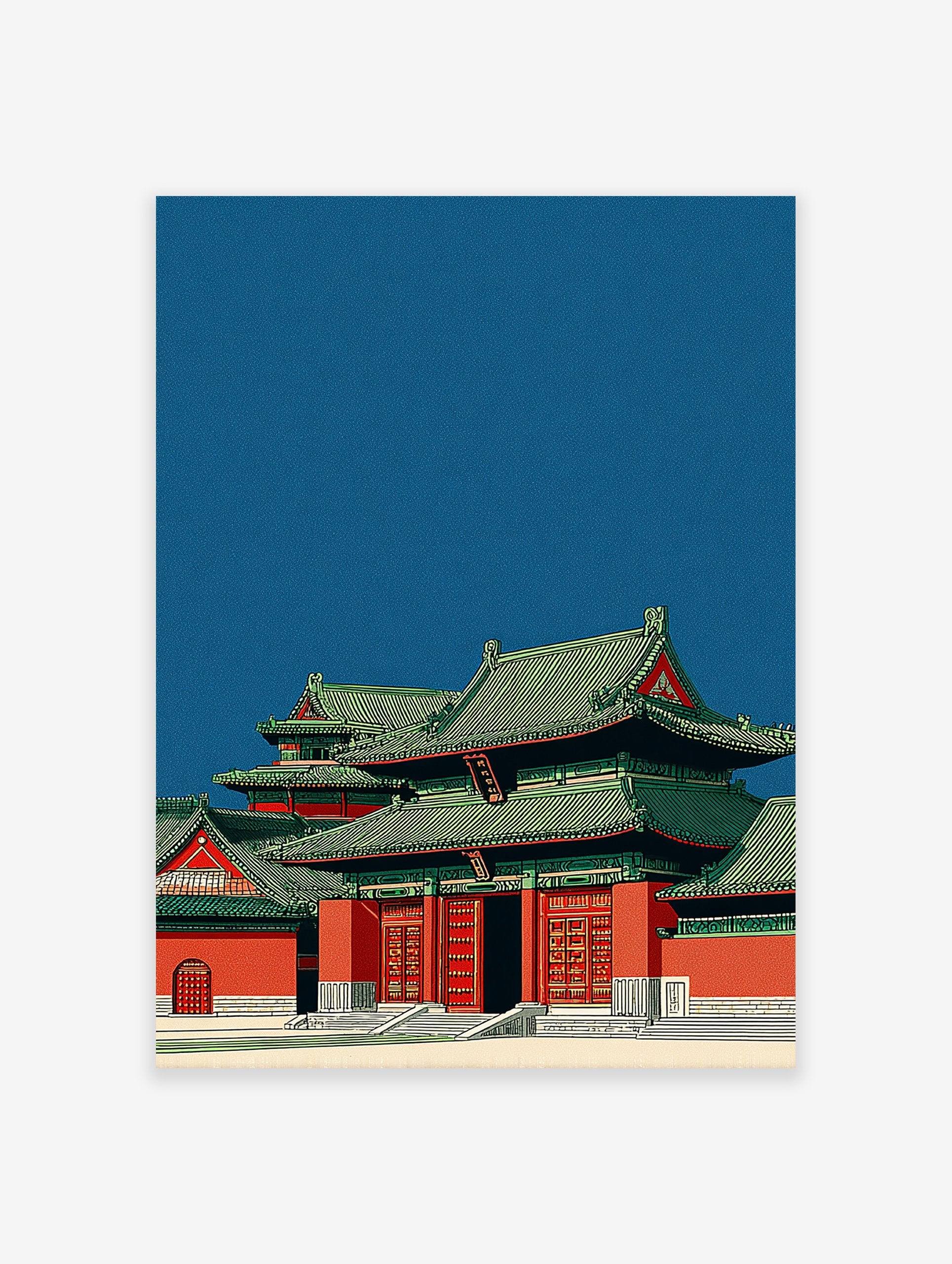 Traditional Chinese temple wall art illustration with red walls and green tiled roofs against a deep blue sky, Asian architecture.