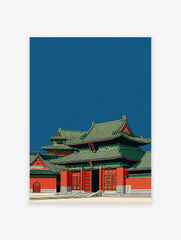 Traditional Chinese temple wall art illustration with red walls and green tiled roofs against a deep blue sky, Asian architecture.
