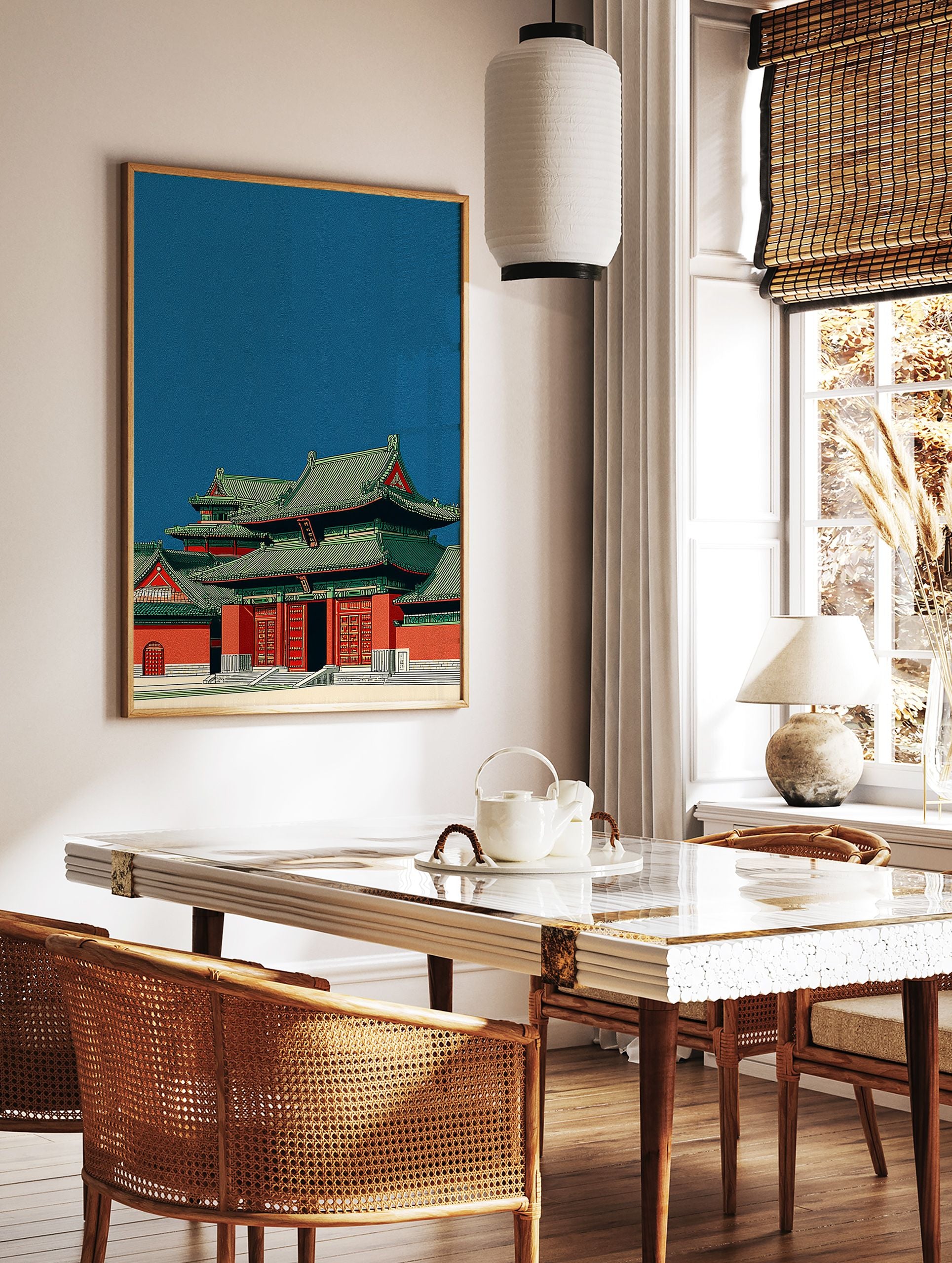 Traditional Chinese temple wall art illustration with red walls and green tiled roofs against a deep blue sky, Asian architecture. - Image 2