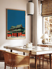 Traditional Chinese temple wall art illustration with red walls and green tiled roofs against a deep blue sky, Asian architecture. - Image 2