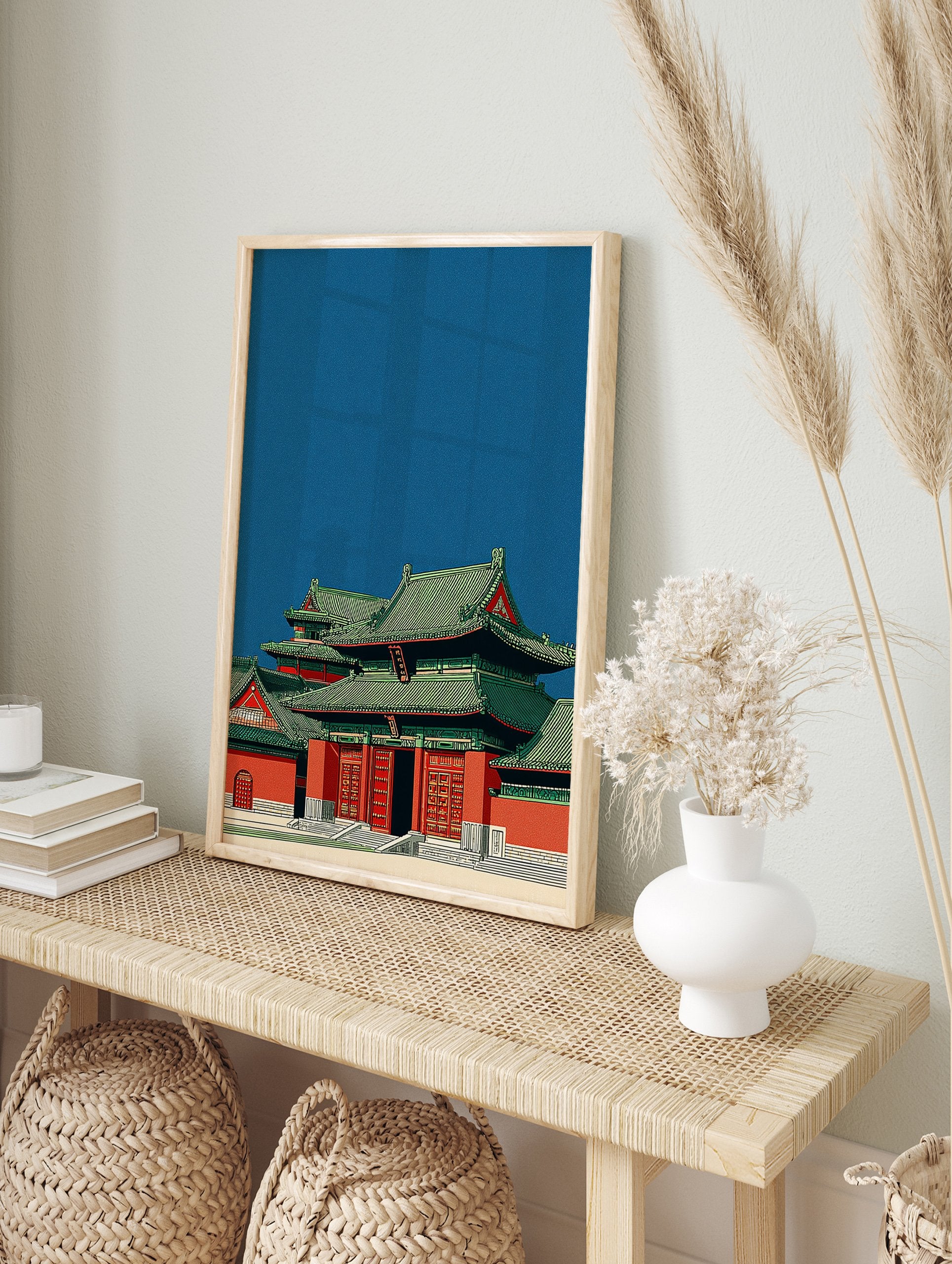 Traditional Chinese temple wall art illustration with red walls and green tiled roofs against a deep blue sky, Asian architecture. - Image 3
