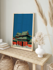 Traditional Chinese temple wall art illustration with red walls and green tiled roofs against a deep blue sky, Asian architecture. - Image 3
