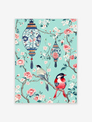 Chinoiserie art print with two colourful birds, pink blossoms, and blue lanterns on a teal background