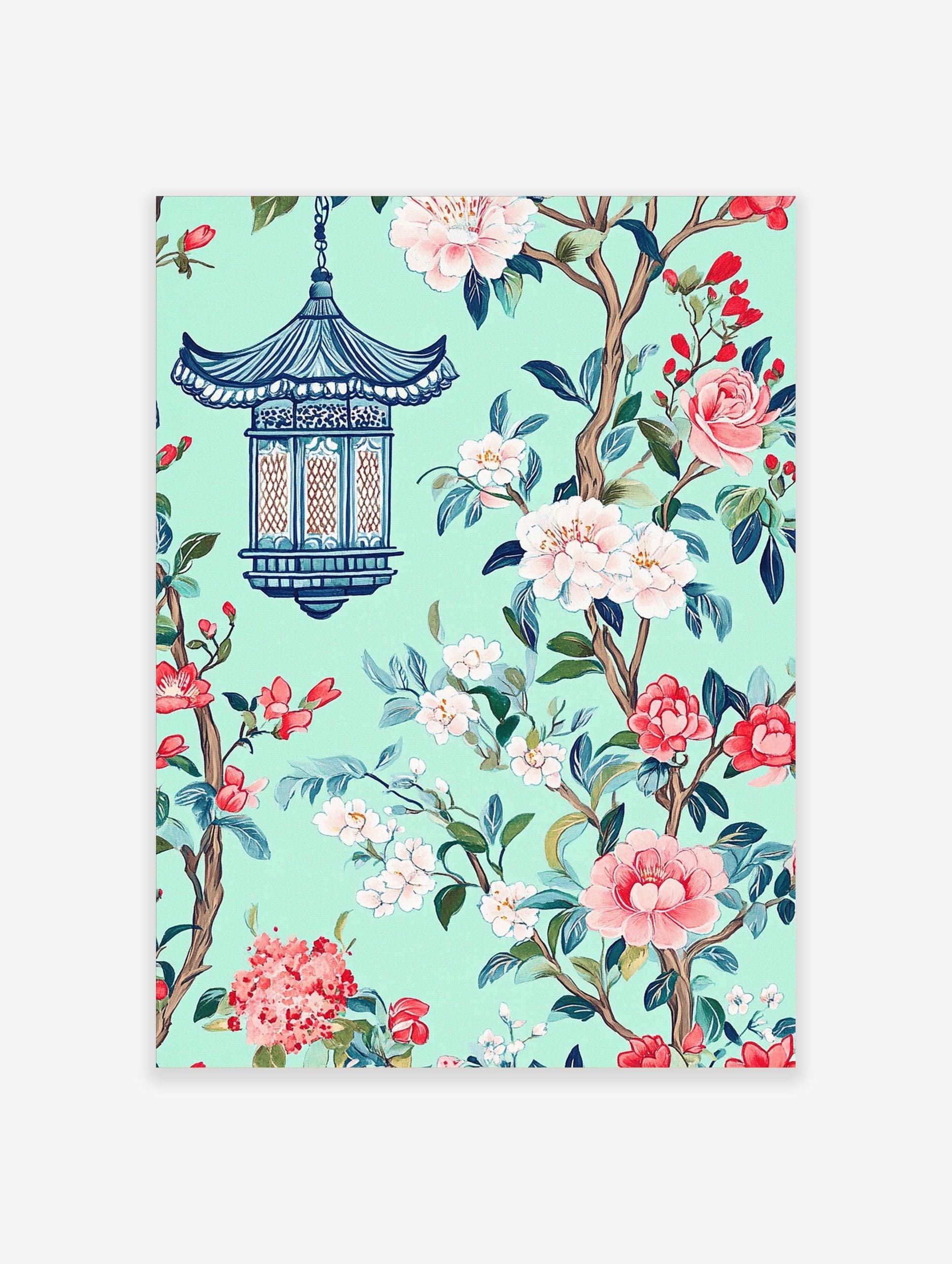 Chinoiserie style art print with blue pagoda lantern, pink and white flowers, green leaves on mint background