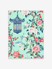 Chinoiserie style art print with blue pagoda lantern, pink and white flowers, green leaves on mint background