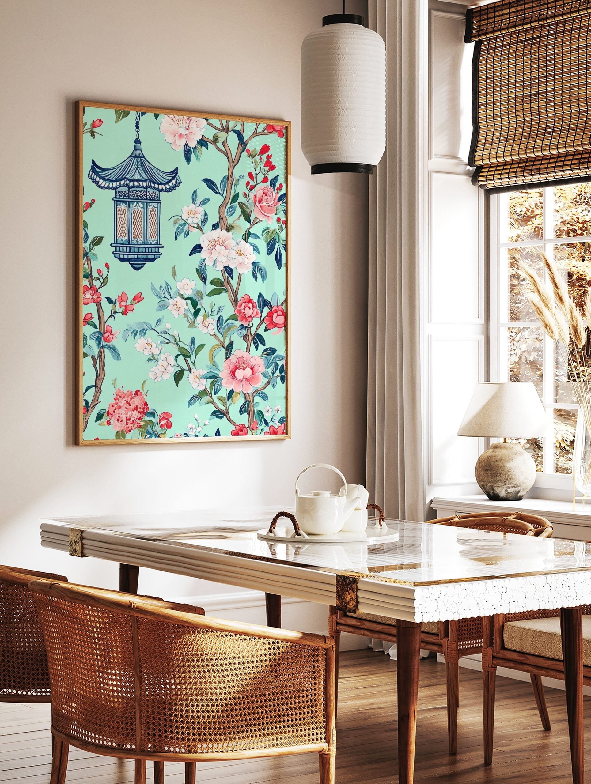 Chinoiserie style art print with blue pagoda lantern, pink and white flowers, green leaves on mint, in a styled room mockup