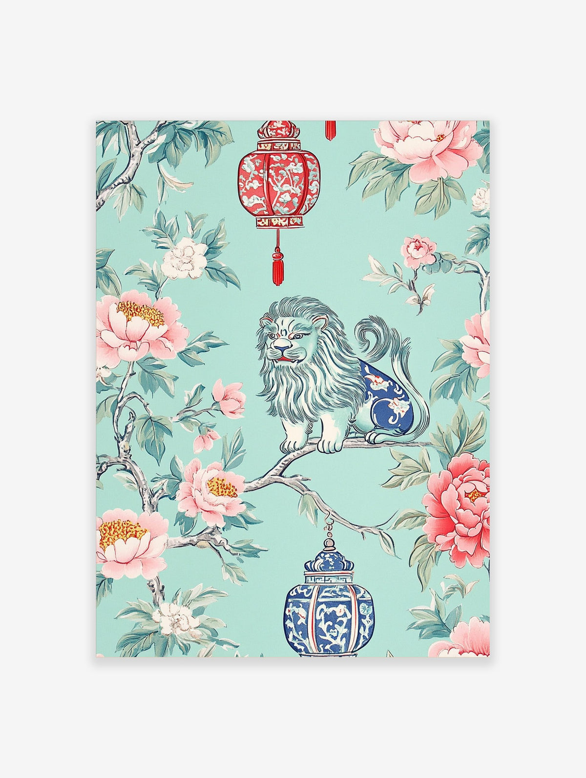Chinoiserie foo dog on branch with pink peonies, green leaves, red and blue ornate lanterns on teal background