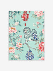 Chinoiserie foo dog on branch with pink peonies, green leaves, red and blue ornate lanterns on teal background