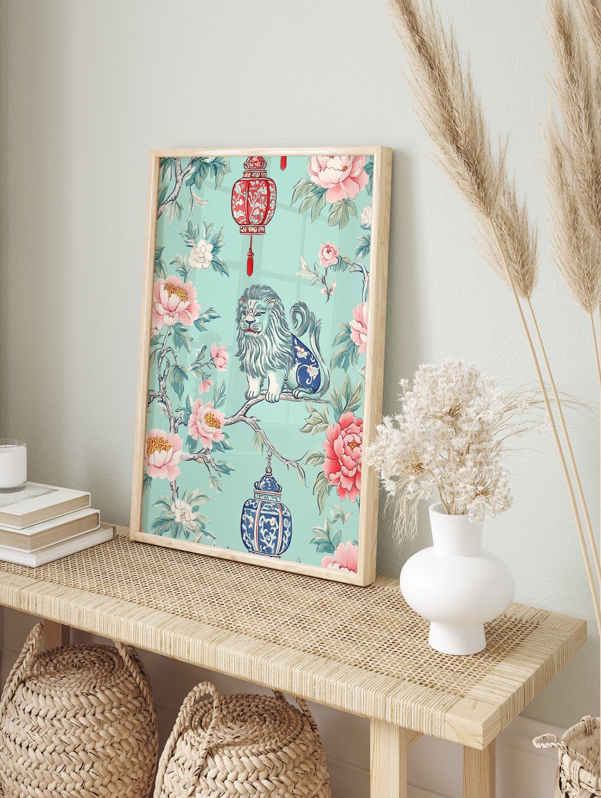 Chinoiserie foo dog on branch with pink peonies, green leaves, red and blue ornate lanterns, in an alternate framed mockup
