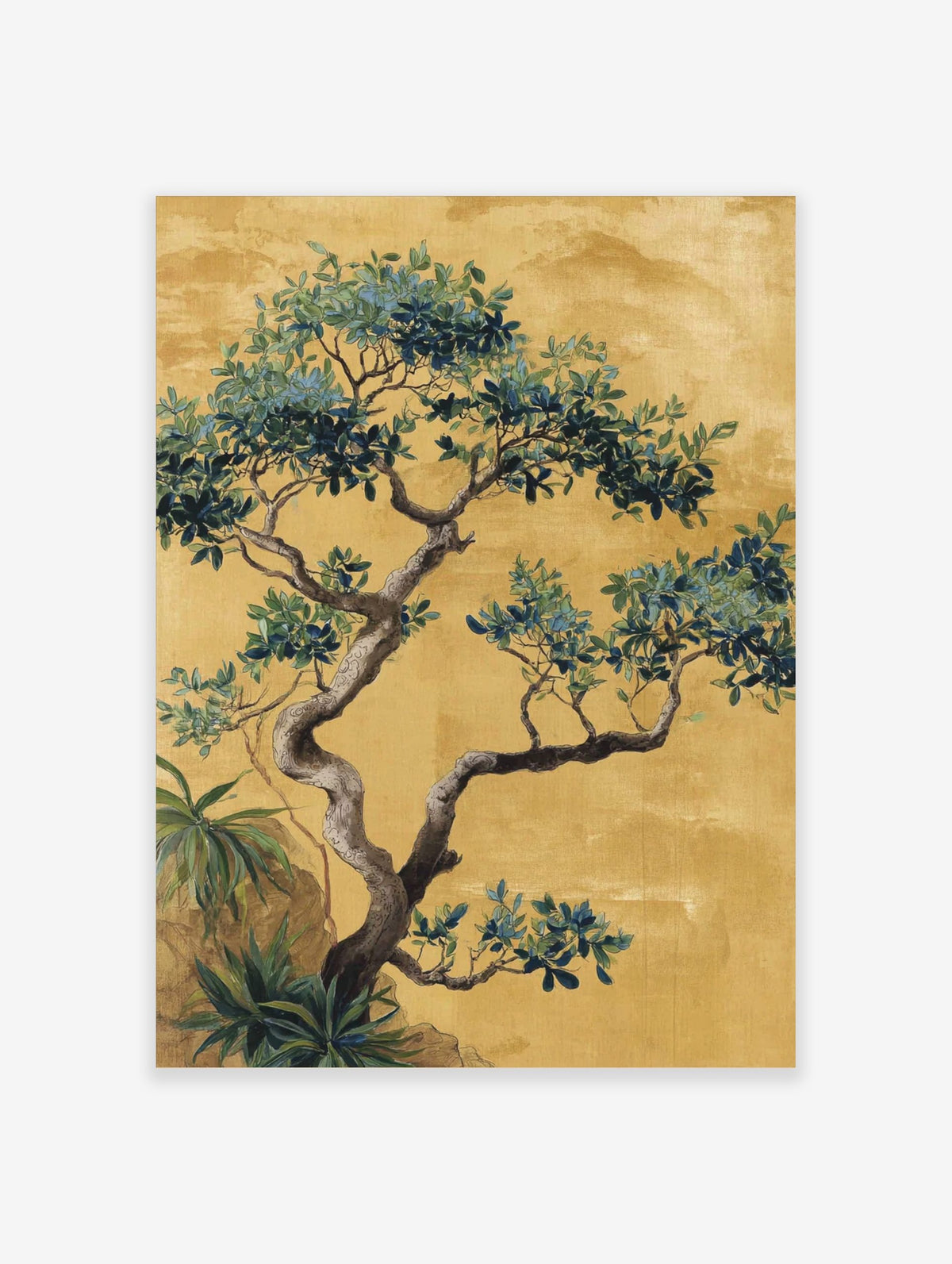 Chinoiserie tree illustration with green and blue leaves, gnarled trunk, on a golden-yellow textured background