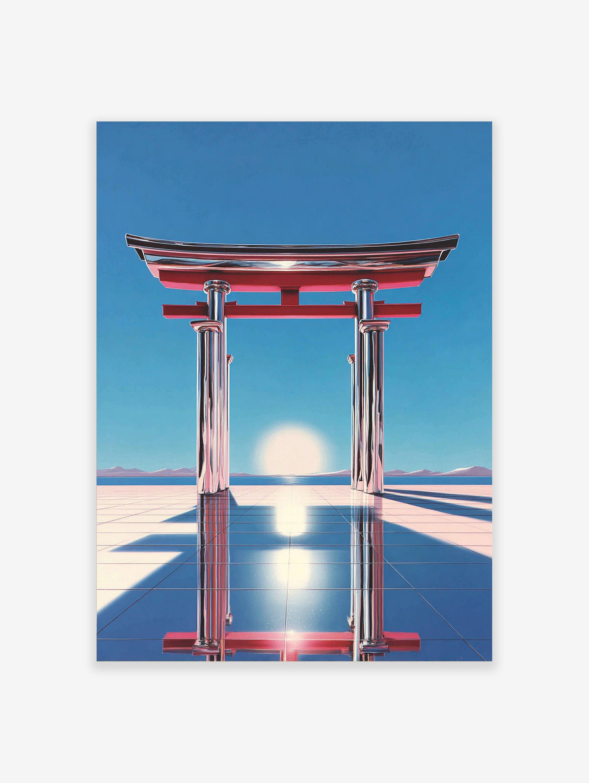 Chrome torii gate with red beams on a reflective tiled floor under a blue sky and low sun