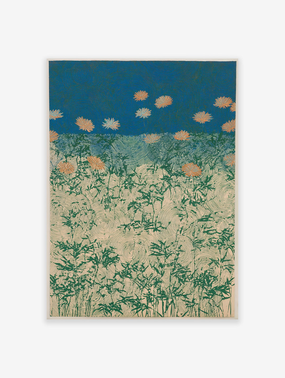 Stylized Japanese Chrysanthemum Field poster with orange flowers, green plants, and swirling patterns on a blue sky and beige ground.