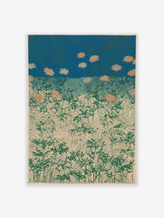 Stylized Japanese Chrysanthemum Field poster with orange flowers, green plants, and swirling patterns on a blue sky and beige ground.