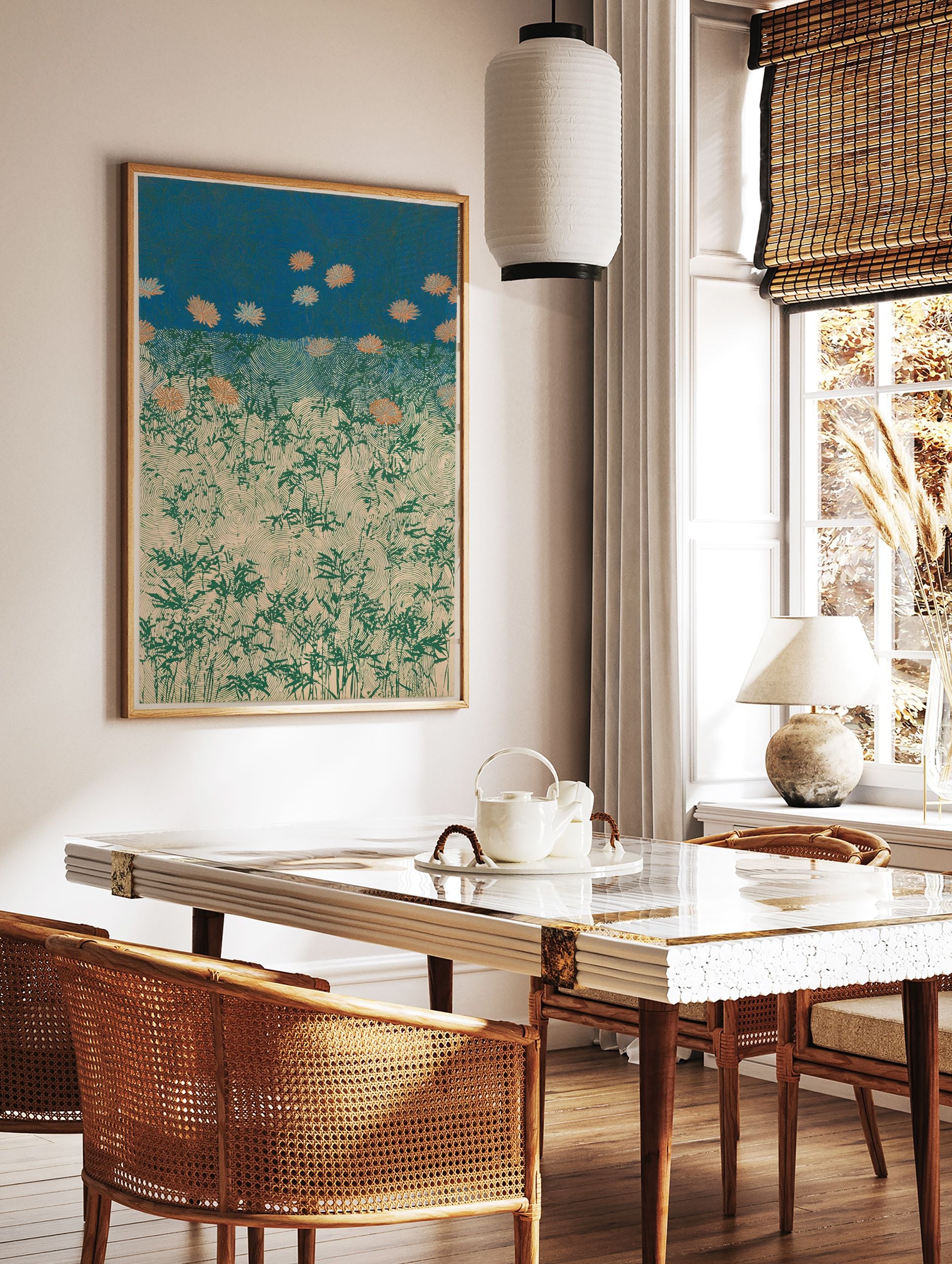 Stylized Japanese Chrysanthemum Field poster with orange flowers, green plants, and swirling patterns on a blue sky and beige ground. - Image 2