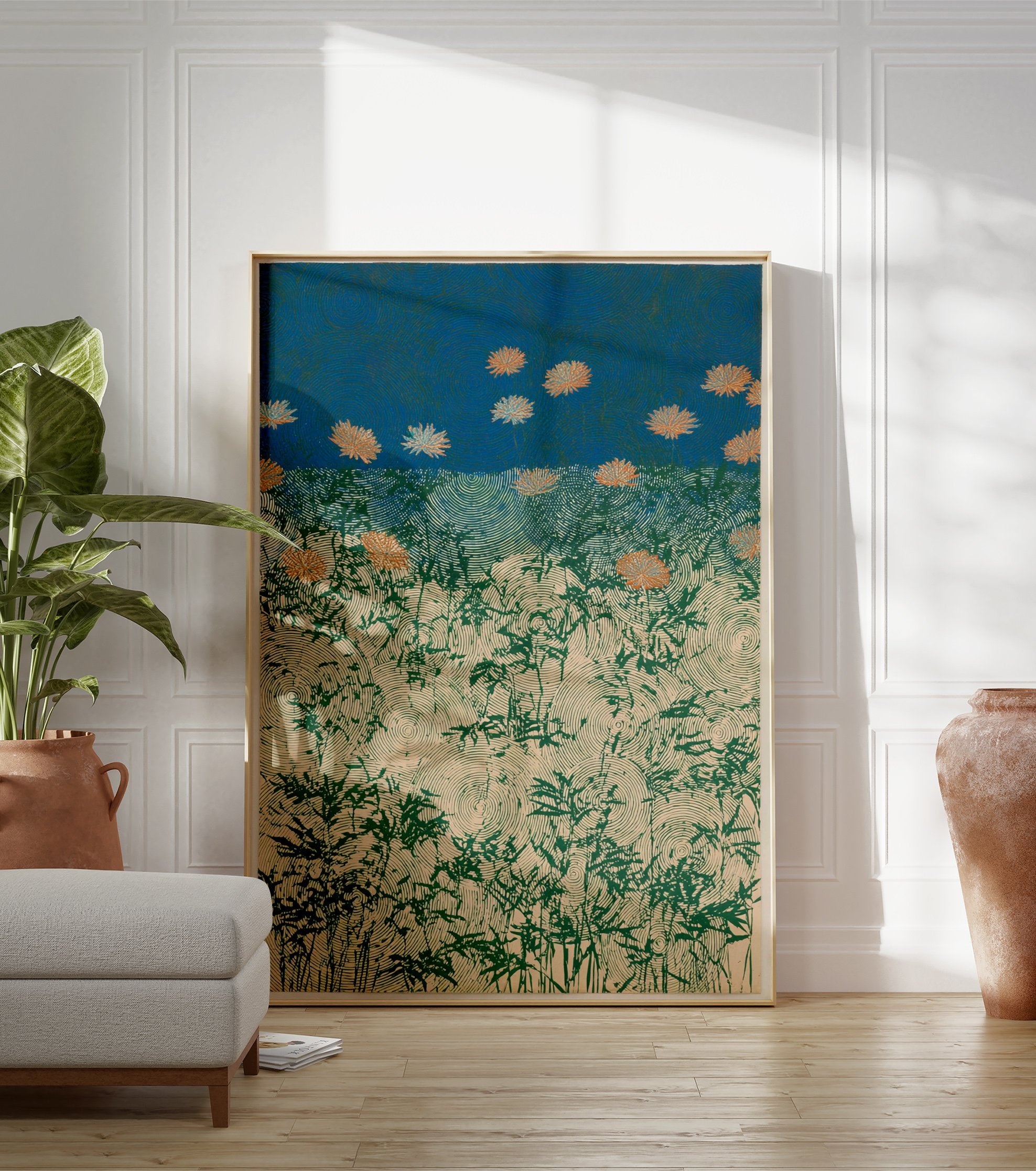 Stylized Japanese Chrysanthemum Field poster with orange flowers, green plants, and swirling patterns on a blue sky and beige ground. - Image 3