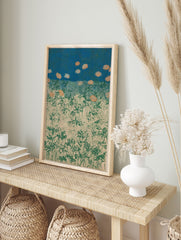 Stylized Japanese Chrysanthemum Field poster with orange flowers, green plants, and swirling patterns on a blue sky and beige ground. - Image 4