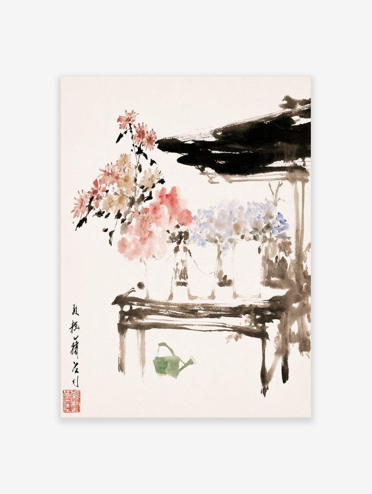 Chrysanthemum flower botanical art print with a green watering can and ink brushwork on a white background