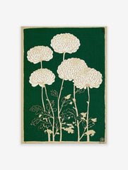 Japanese chrysanthemum botanical illustration art print with white and gold flowers on a deep green background.