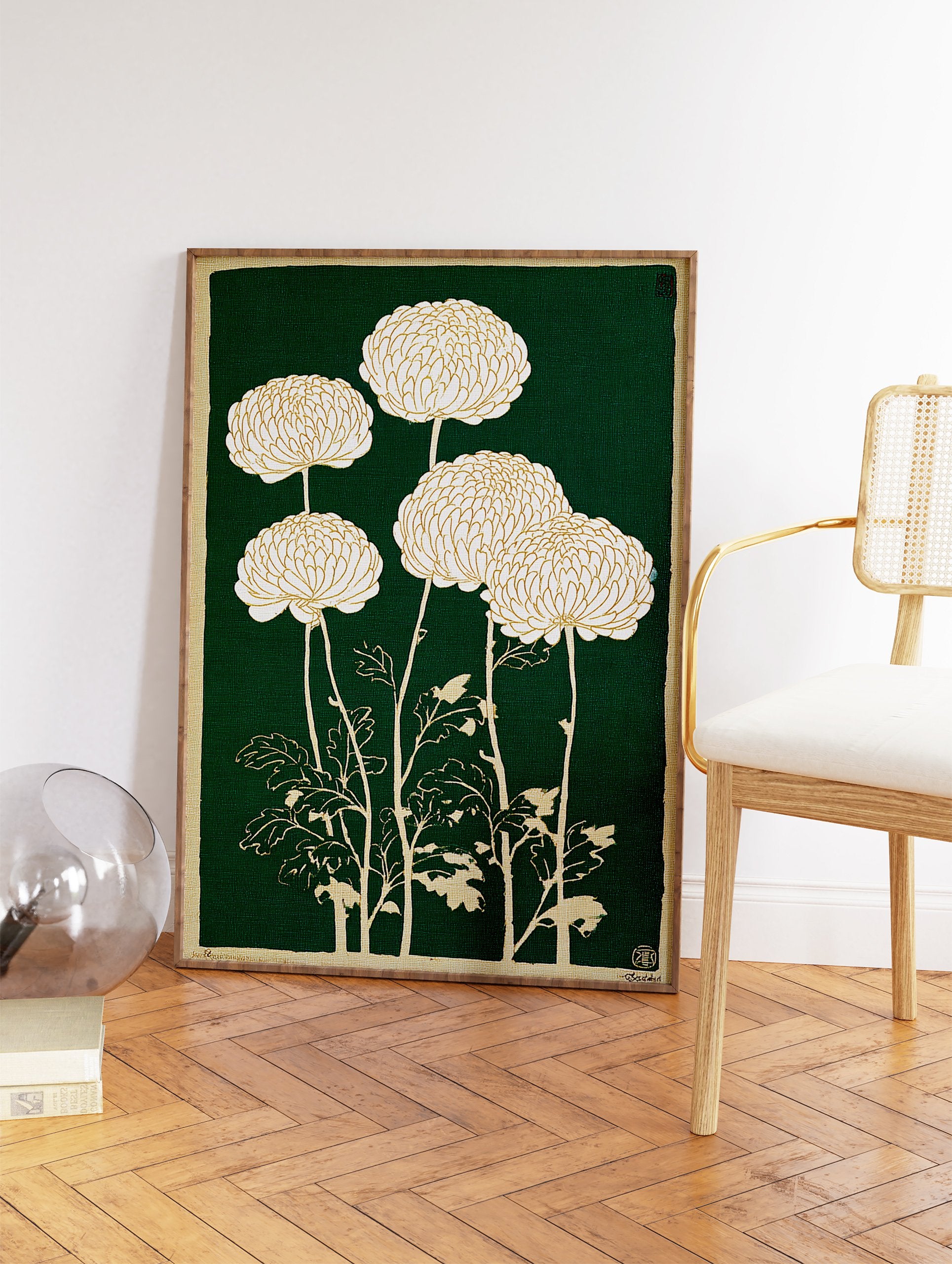 Japanese chrysanthemum botanical illustration art print with white and gold flowers on a deep green background. - Image 2