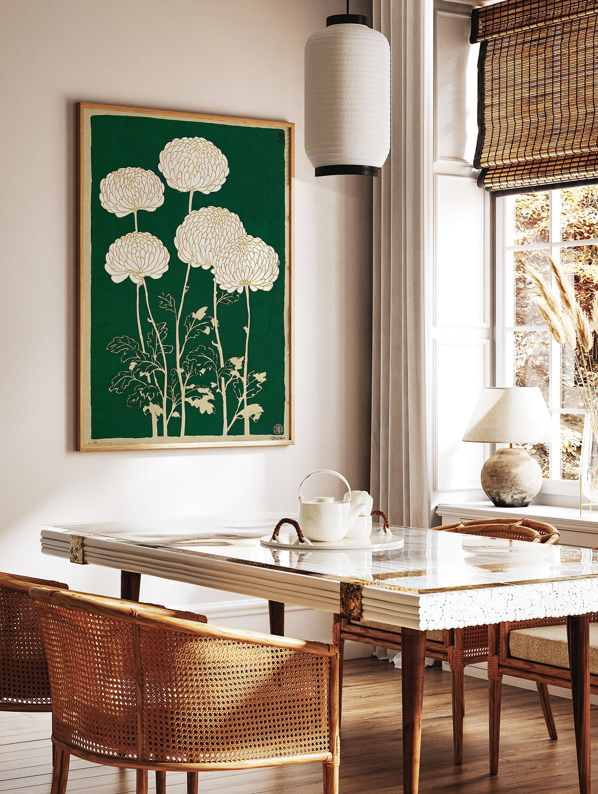 Japanese chrysanthemum botanical illustration art print with white and gold flowers on a deep green background. - Image 3