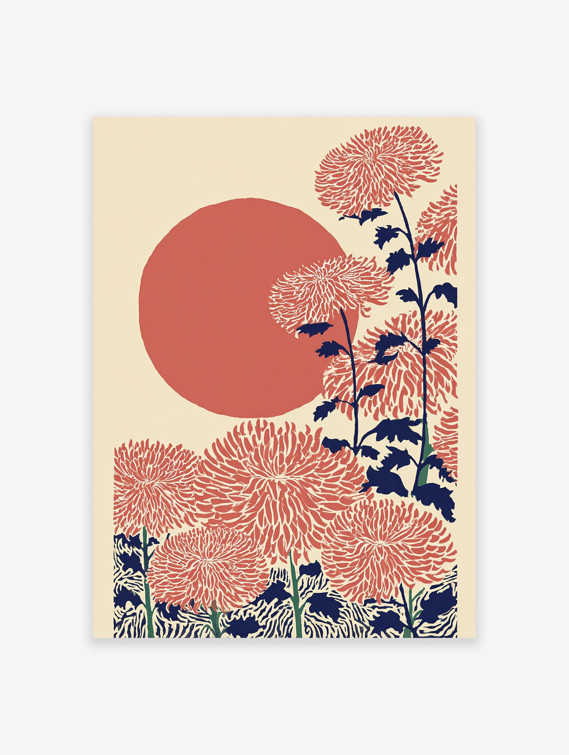 Japanese Chrysanthemum Wall Art with red flowers, dark blue stems, and a large red sun on a cream background.