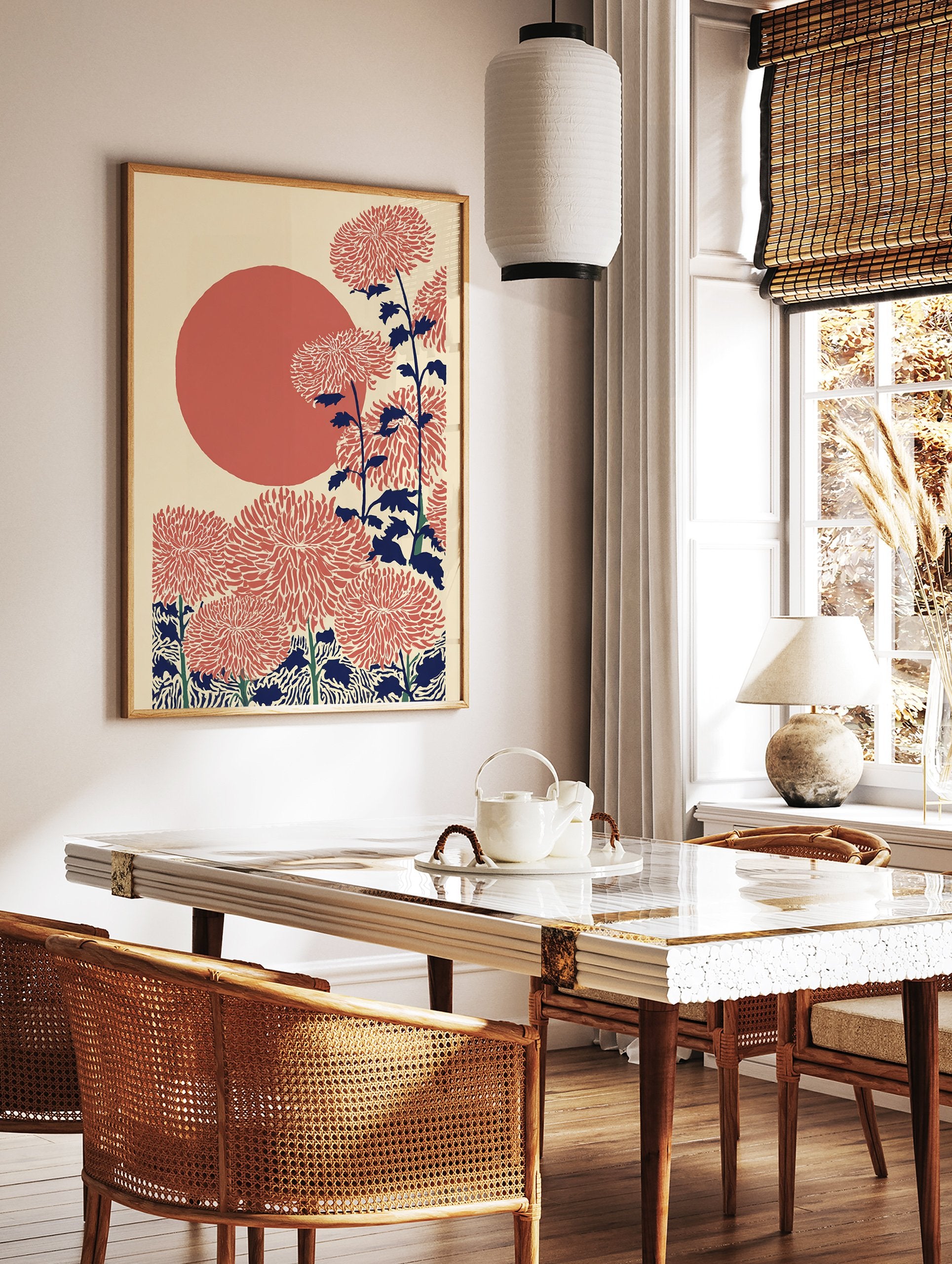Japanese Chrysanthemum Wall Art with red flowers, dark blue stems, and a large red sun on a cream background. - Image 2