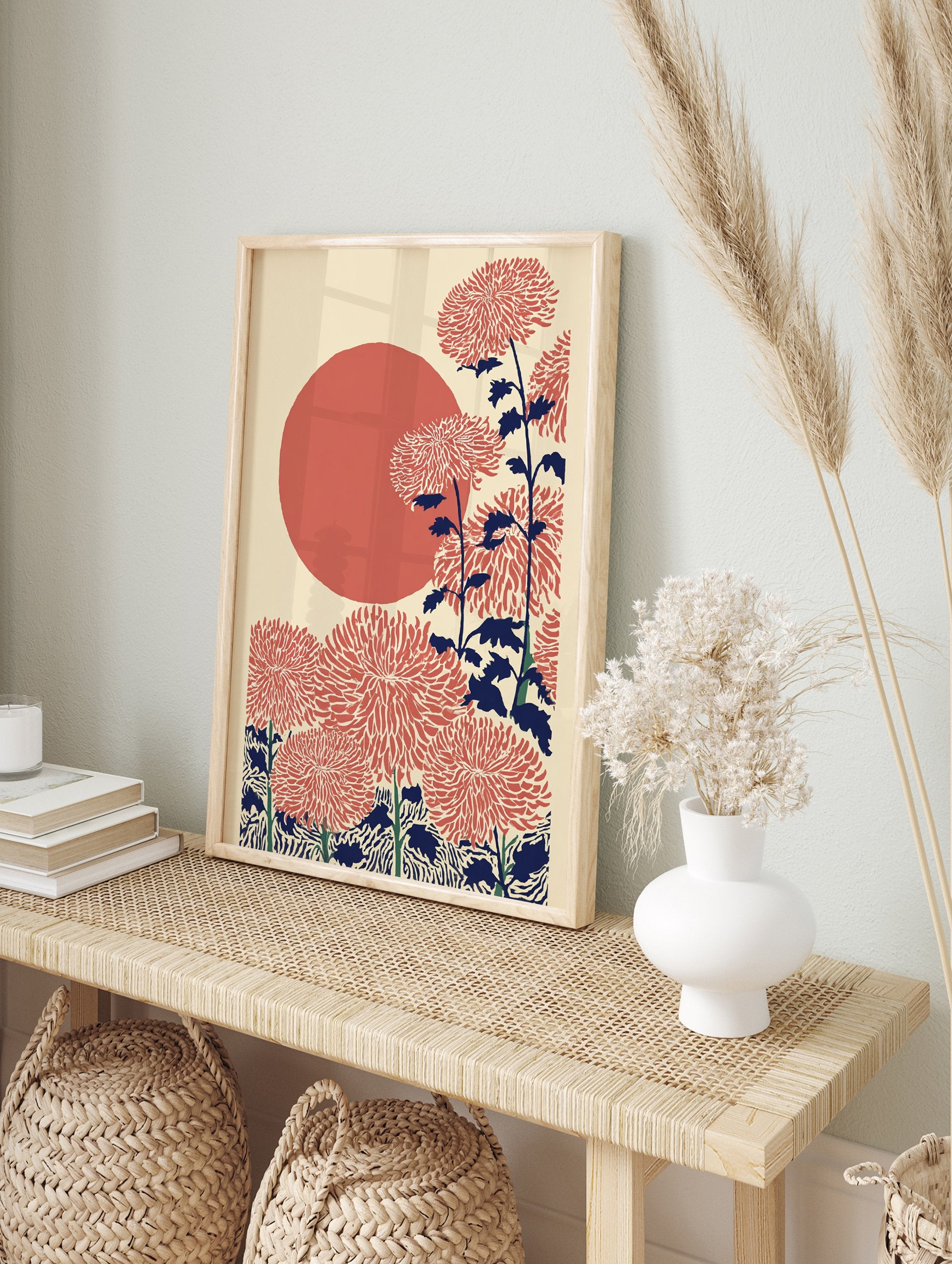 Japanese Chrysanthemum Wall Art with red flowers, dark blue stems, and a large red sun on a cream background. - Image 3