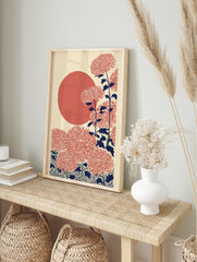 Japanese Chrysanthemum Wall Art with red flowers, dark blue stems, and a large red sun on a cream background. - Image 3
