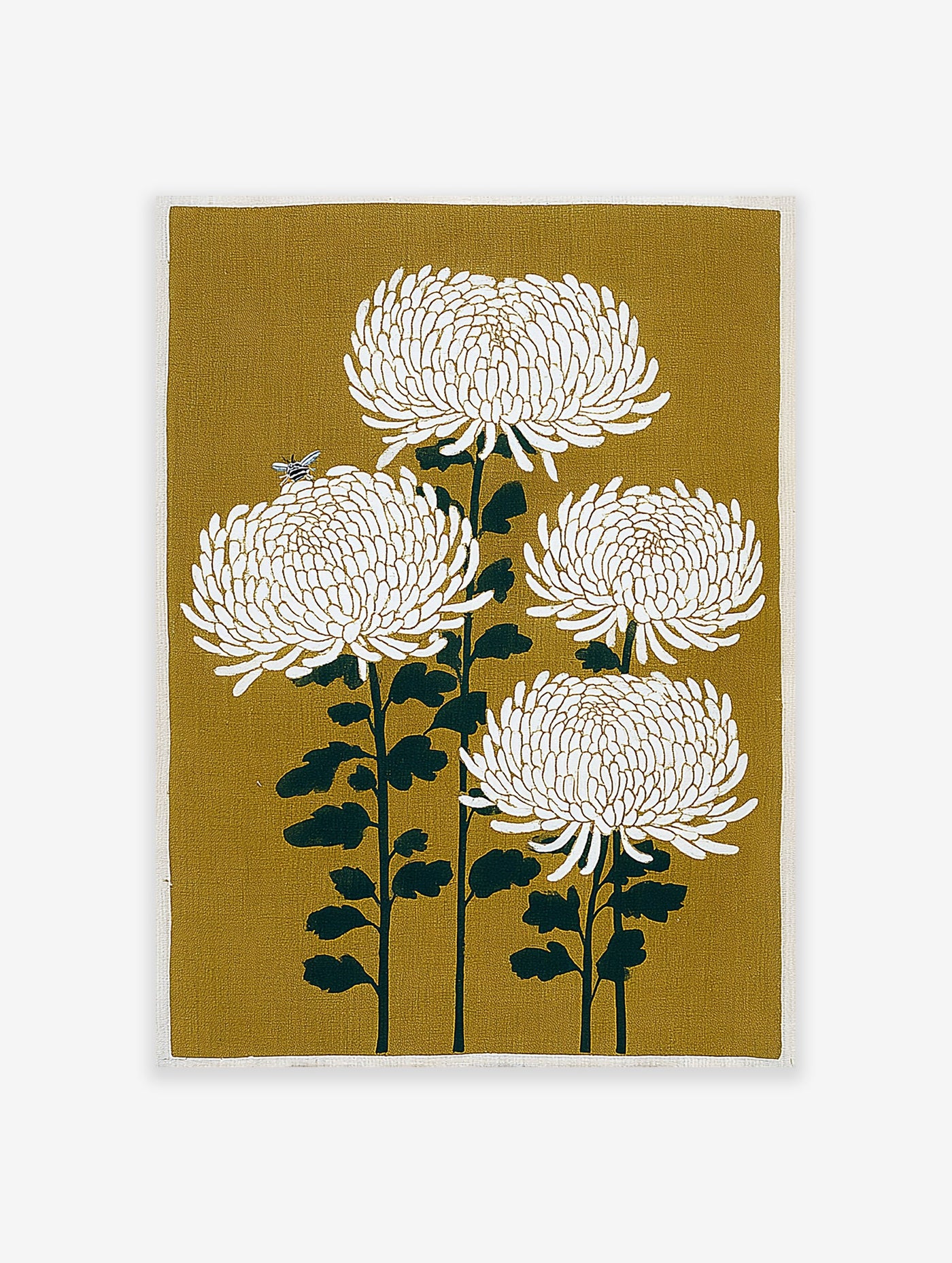 Four white chrysanthemum flowers on dark green stems with a bee on a mustard yellow background. Japanese botanical wall art print.