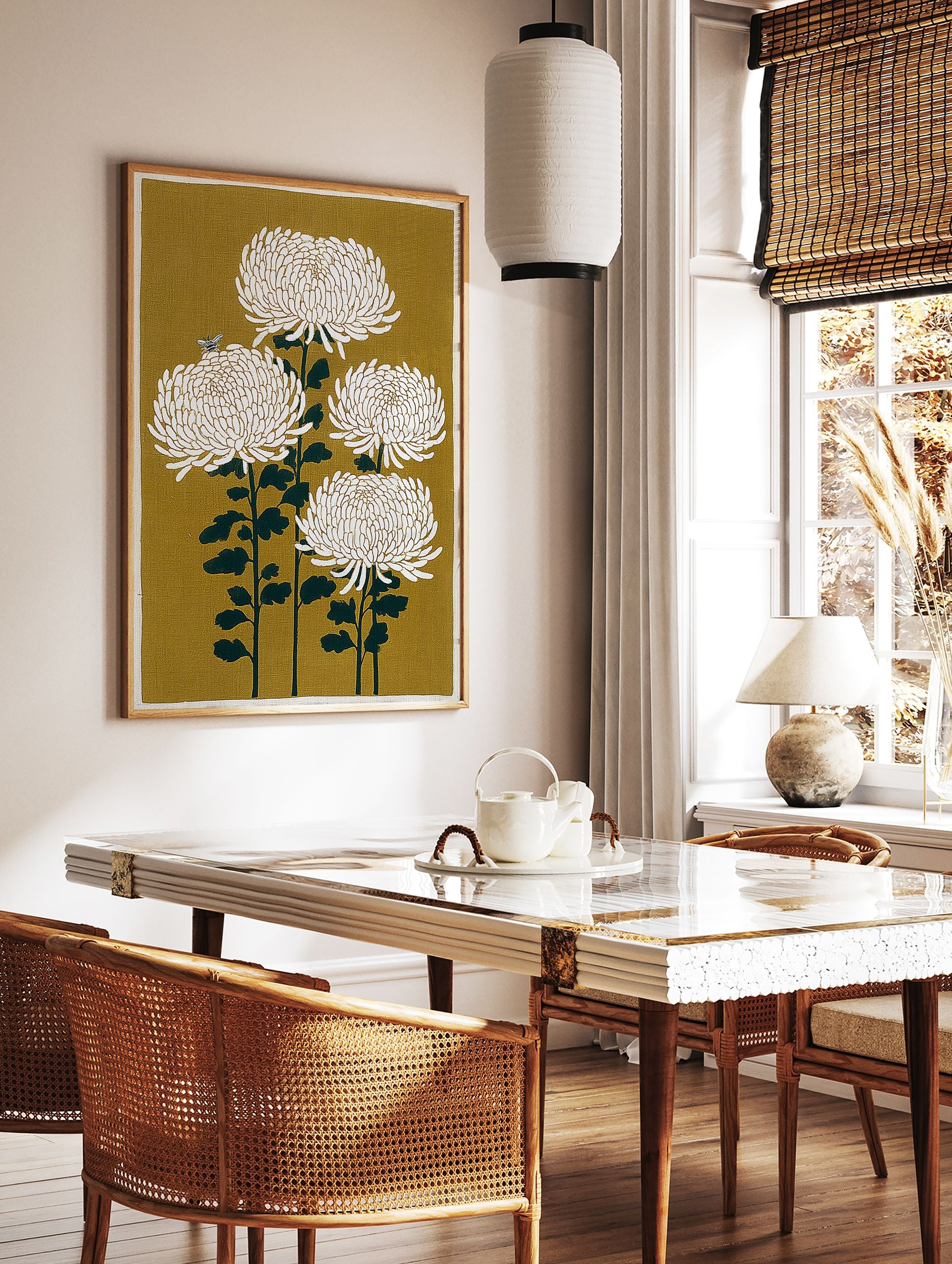Four white chrysanthemum flowers on dark green stems with a bee on a mustard yellow background. Japanese botanical wall art print. - Image 3