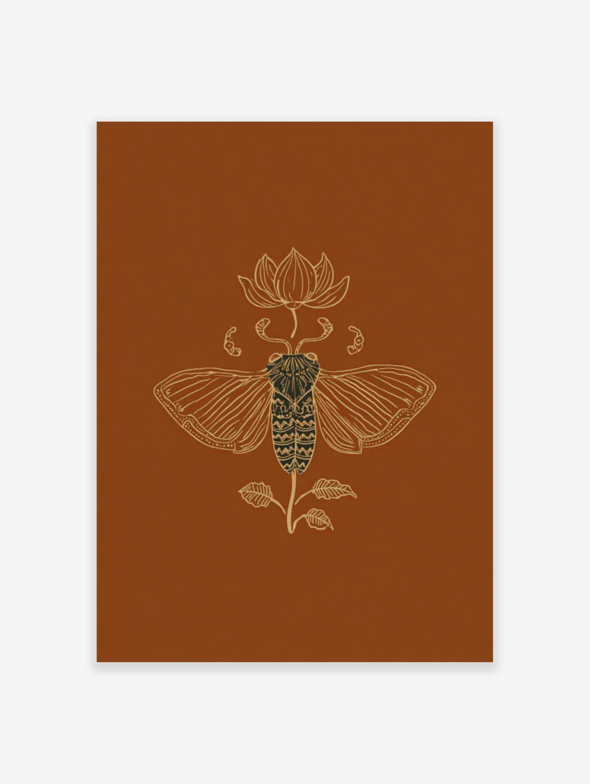 Ornate golden line art illustration of a cicada and lotus flower on a rich brown background