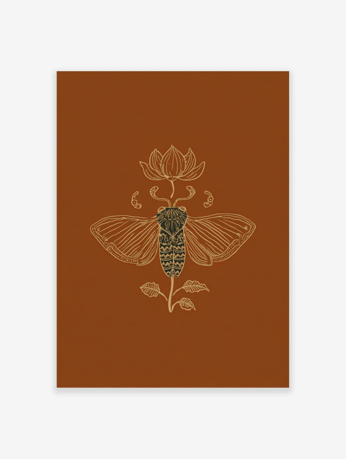 Ornate golden line art illustration of a cicada and lotus flower on a rich brown background