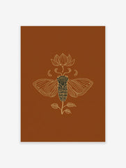 Ornate golden line art illustration of a cicada and lotus flower on a rich brown background