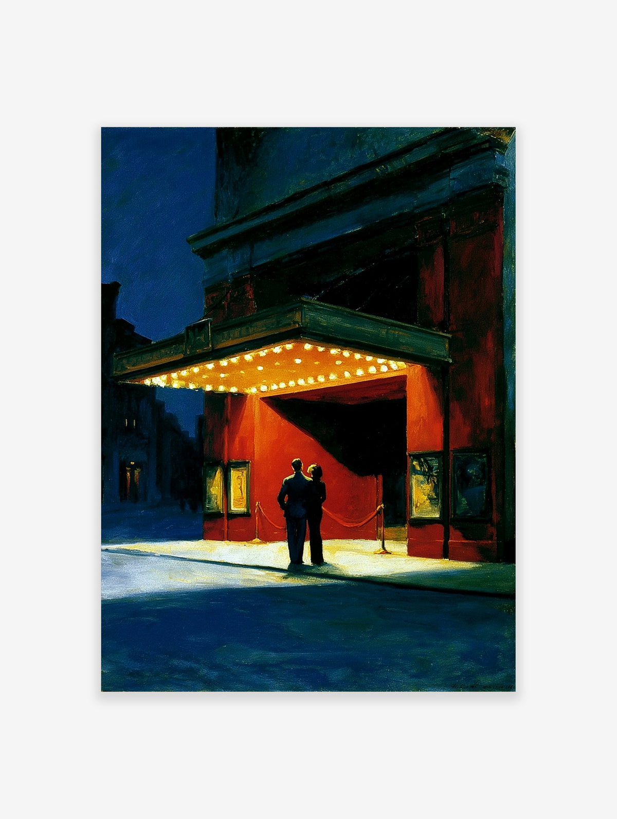 Cinema poster of a couple under a lit marquee at night, painted in Edward Hopper style with blue and red tones