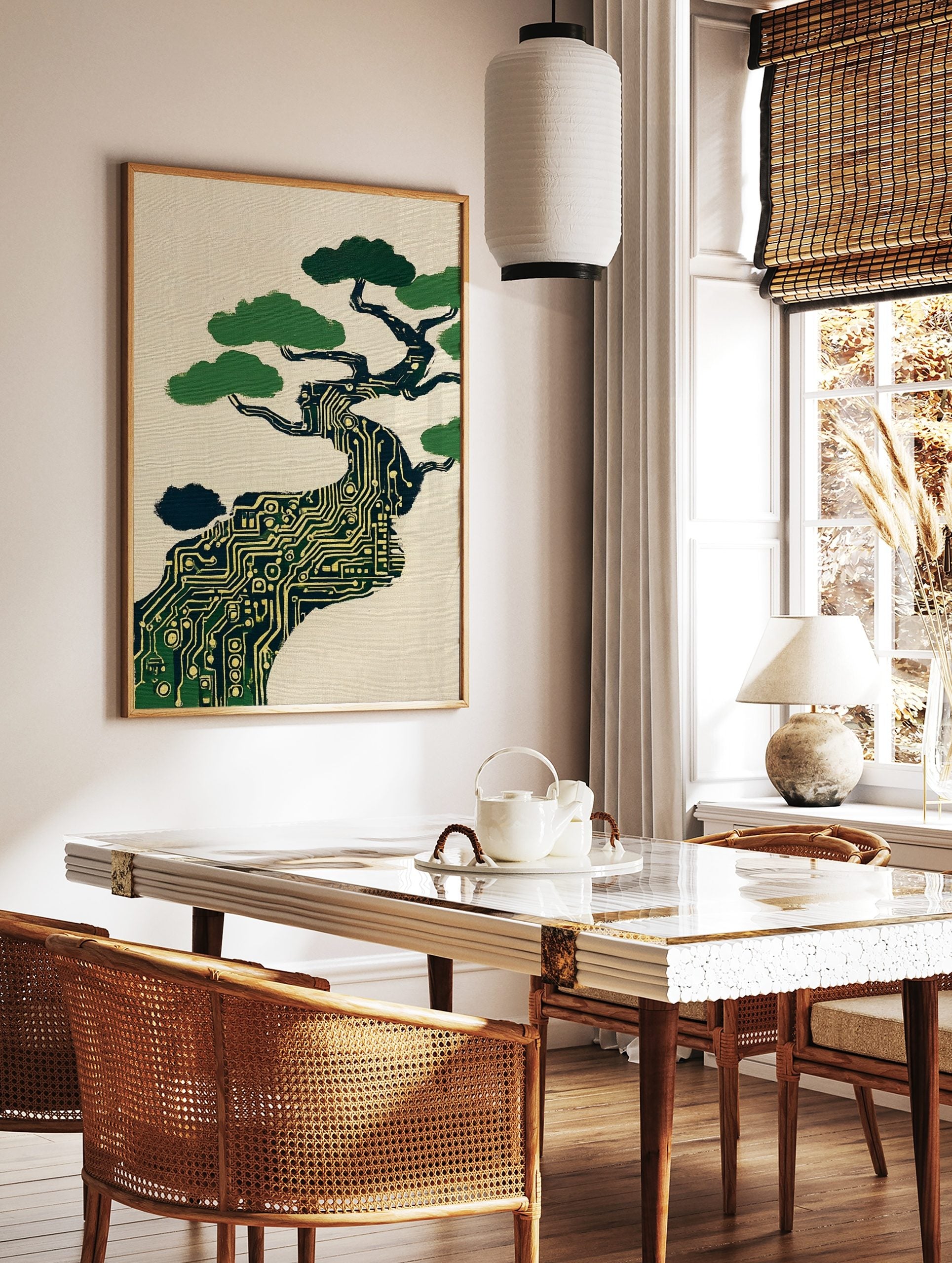 Illustrative circuit board bonsai tree art print with green foliage on a cream background in, in a styled room mockup
