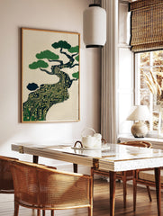 Illustrative circuit board bonsai tree art print with green foliage on a cream background in, in a styled room mockup