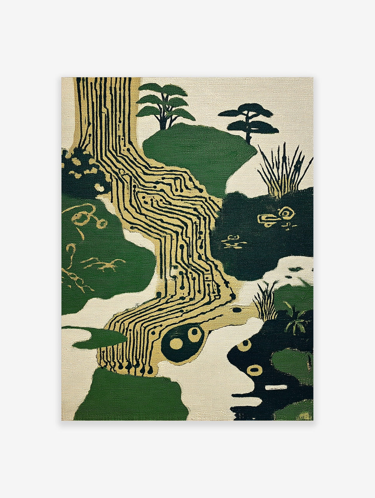 Circuit board landscape art print with green hills, gold traces, abstract trees, and a yin-yang like symbol