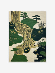 Circuit board landscape art print with green hills, gold traces, abstract trees, and a yin-yang like symbol