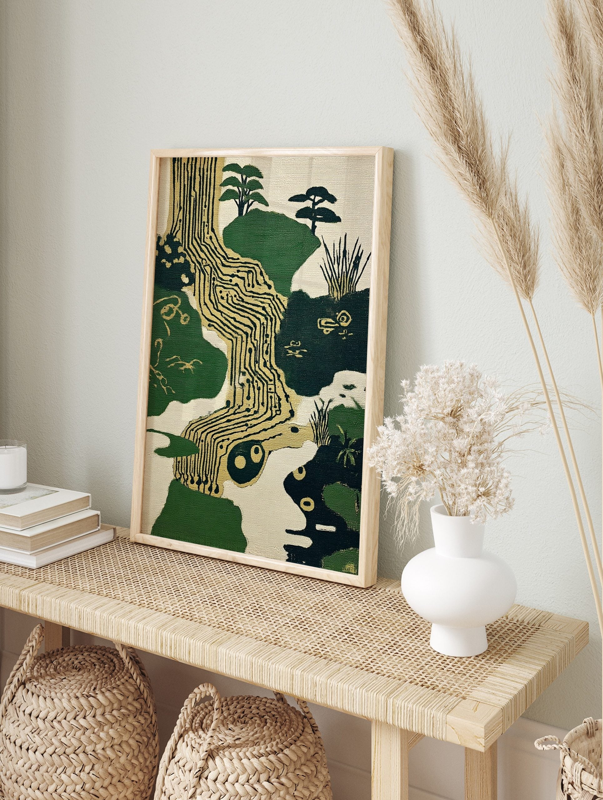 Circuit board landscape art print with green hills, gold traces, abstract trees, and a, in an alternate framed mockup