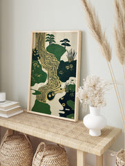 Circuit board landscape art print with green hills, gold traces, abstract trees, and a, in an alternate framed mockup