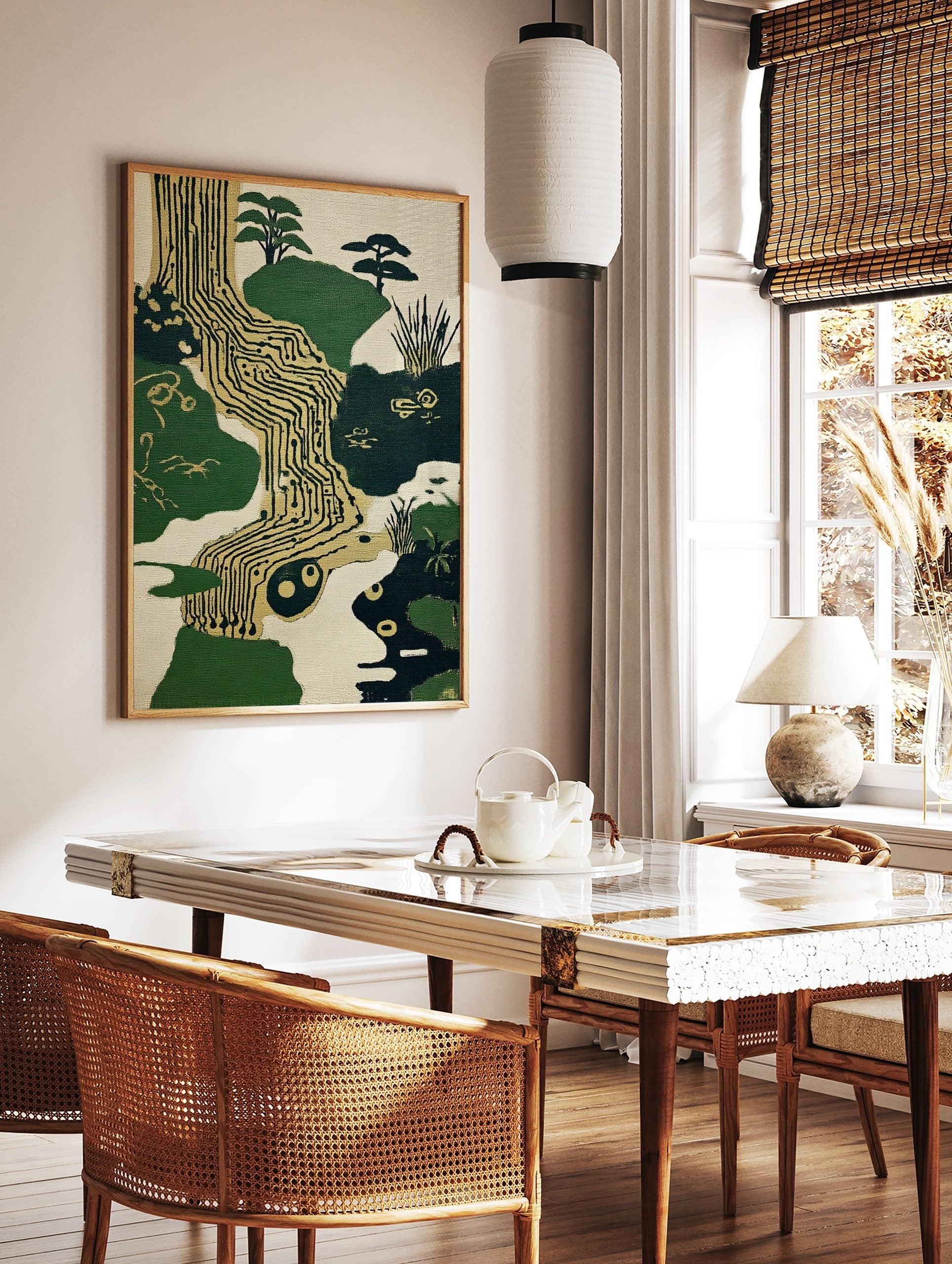 Circuit board landscape art print with green hills, gold traces, abstract trees, and a yin-yang, in a styled room mockup