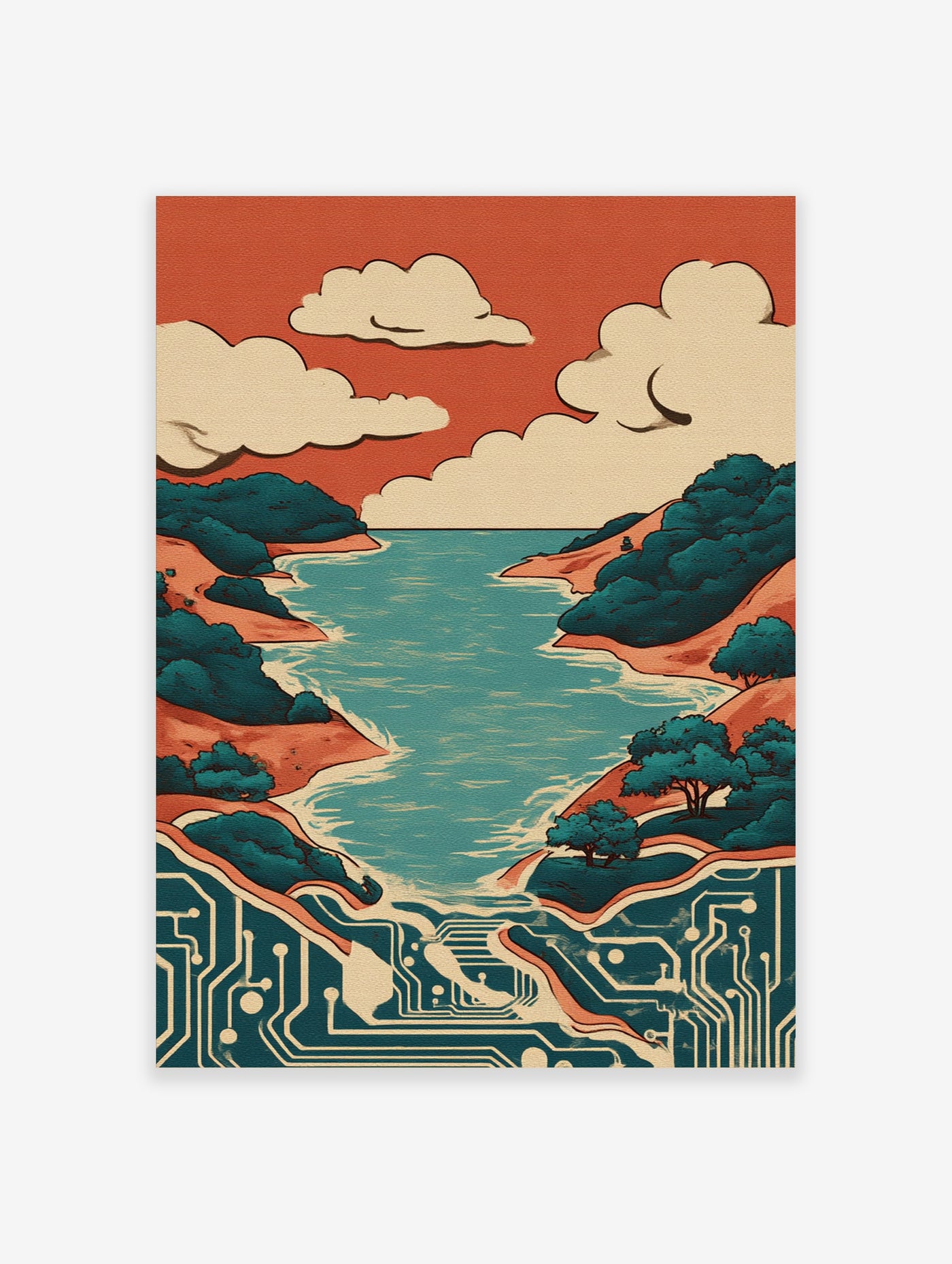 Teal river landscape with circuit board patterns, orange hills, and stylized clouds art print