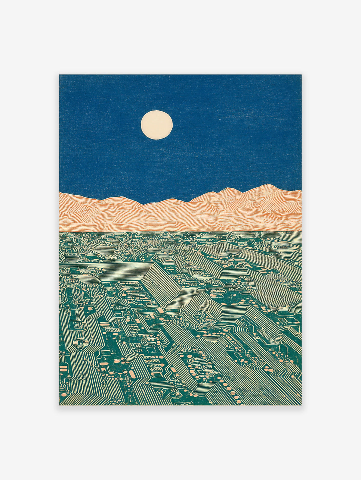 Circuit board landscape art print with full moon over desert mountains