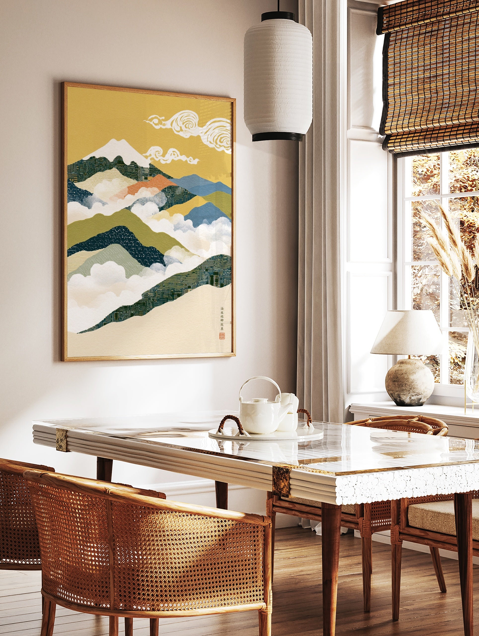 Circuit board mountain landscape wall art with Japanese style clouds and gold background, in a styled room mockup